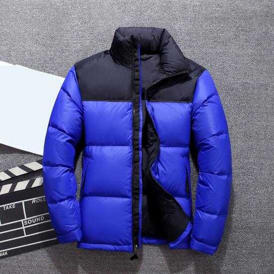 Men Cotton Coat Stand Collar Long Sleeve Patchwork Color Cotton-Padded Jacket with Pockets Zipper Placket Windproof Cuffs Cotton Outwear