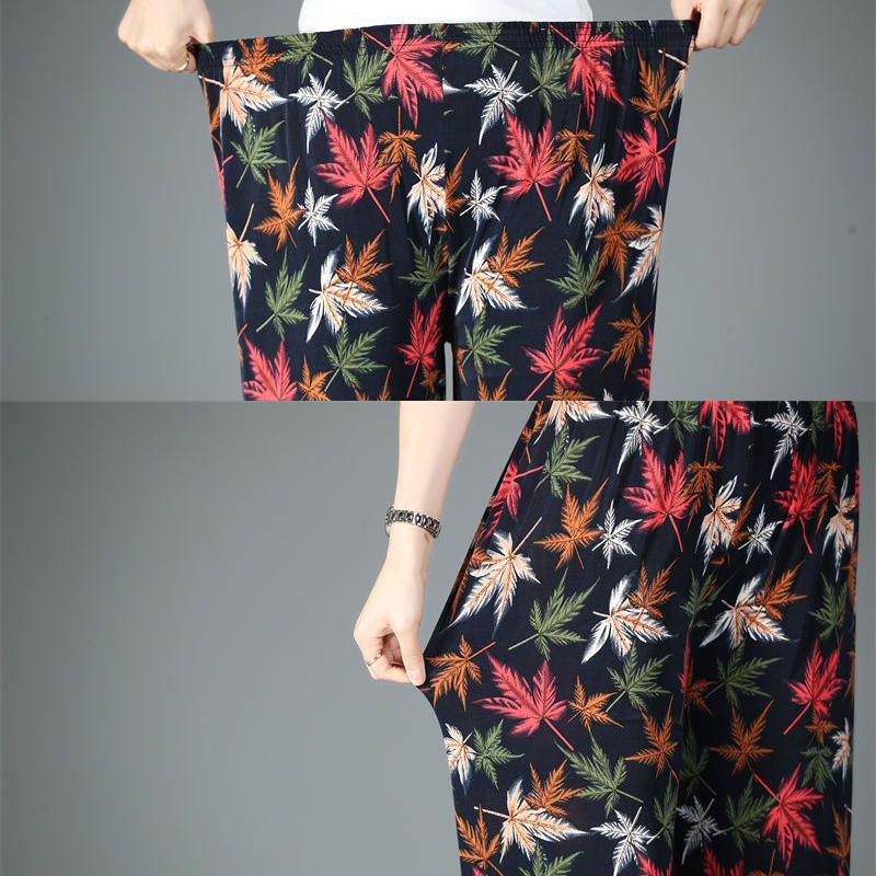 WTEMPO Summer Mom Elastic High Waist Casual Stretchy Cropped Pants Women Large Size Loose Printed Thin Trousers