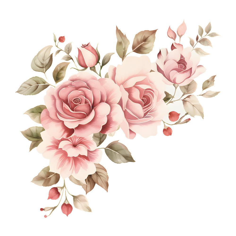 Watercolor Pink Romantic Rose Flower Leaves Bedroom Headboard Wall Decoration Wall Stickers
