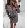 2026 Women's Long Sleeve V-Neck Sequin Mini Dress