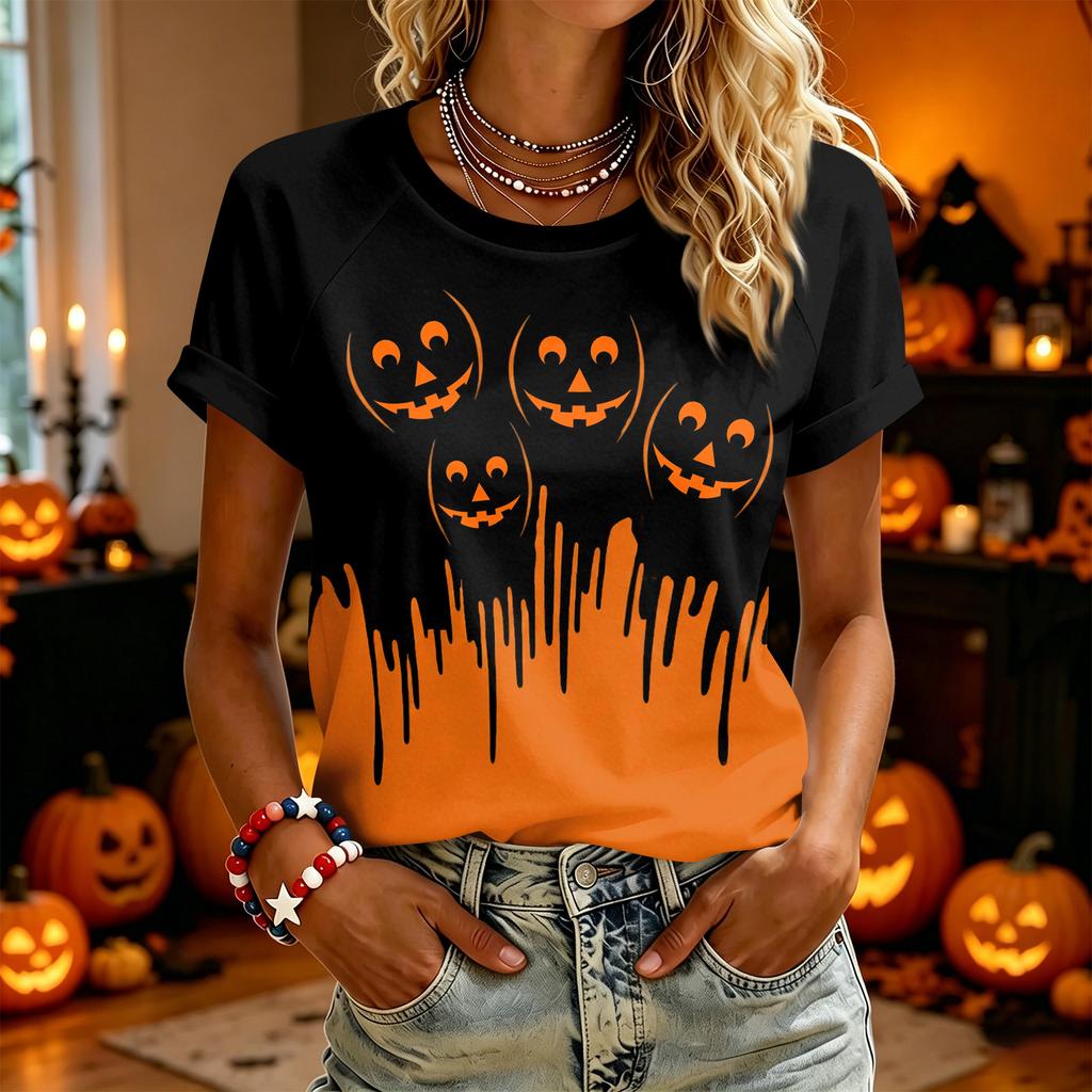 Women’s Casual Halloween Graphic Short Sleeve T-Shirt with Pumpkin Print Pattern Loose Fit Crewneck Top for Daily Wear
