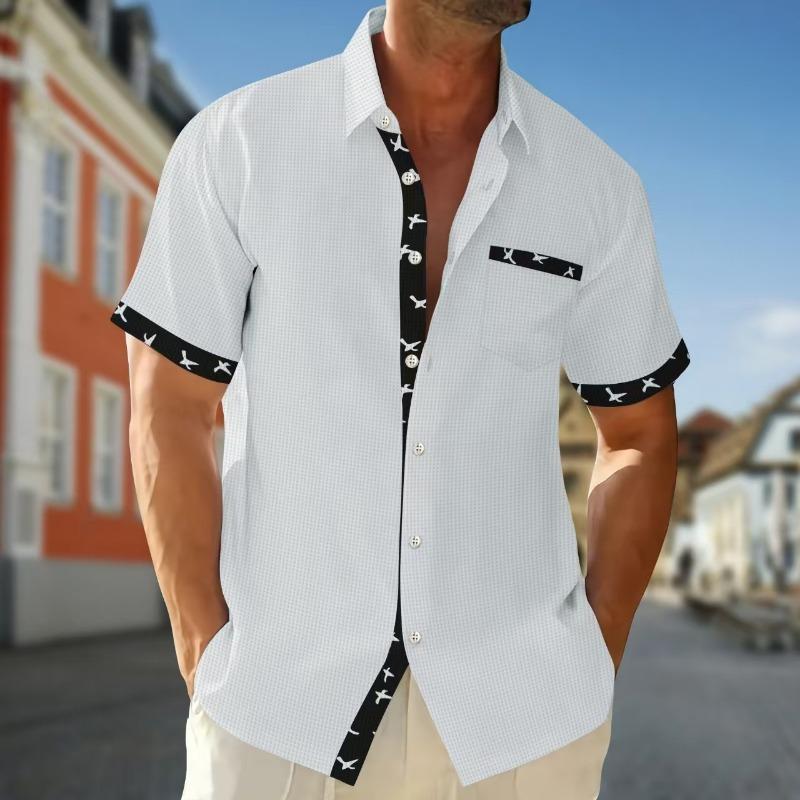 Camicia da uomo a maniche corte con revers, tessuto a quadretti fini, inserto con stampa di uccelli, bottoni, casual, top estivo quotidiano