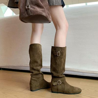 Version peau de mouton des nouveaux modèles automne et hiver avec une rehausse intérieure de 5 cm~ Bottes mi-mollet à boucles à la mode coréenne, b