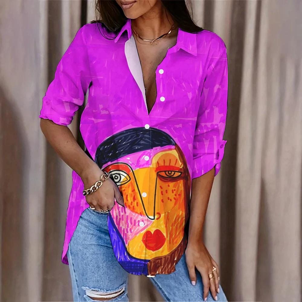 Fashion Abstract Character Avatar Printed Women's Shirt Summer And Autumn Casual Loose Versatile Tops Women Long Sleeve Blouses