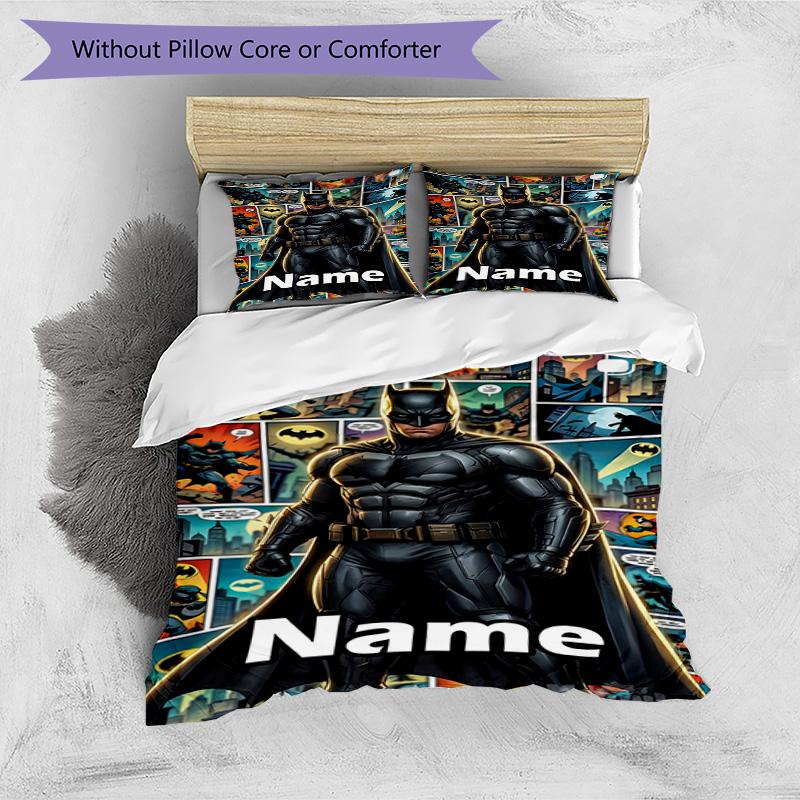 3pcs Duvet Cover Set (1*Duvet Cover + 2*Pillowcase, Without Core), Custom Name Batman Pattern Bedding Set, Home Bedroom Decor Gift