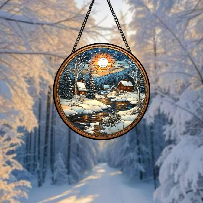 Dropshipping Snowscape Christmas Gifts Round Stained Glass Ornament Wind Chimes Wall Art Pendant Sun Catcher