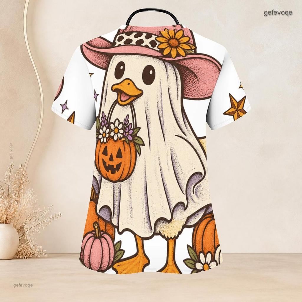 Top de uniforme de enfermera con estampado de caballo occidental, girasol, calabaza, otoño, Halloween, talla grande para mujer, cuello en V, manga corta