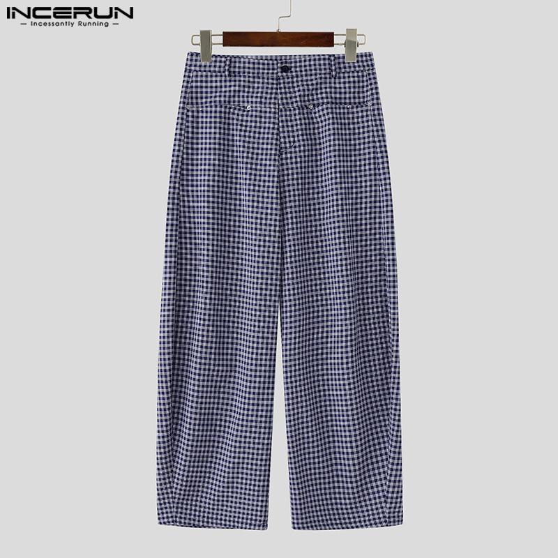 INCERUN Men Zip-up Waist Plaid Print Casual Long Straight Pants Bottoming