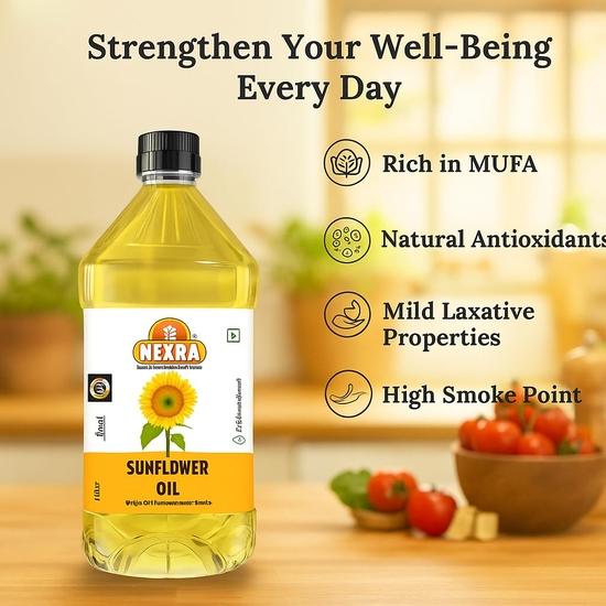 Nexra - Cold Pressed Sunflower Oil | 1 Litre | Pure and Natural Seed| | Extracted On Wooden Churner | High In Antioxidants, Delicious & Healthy