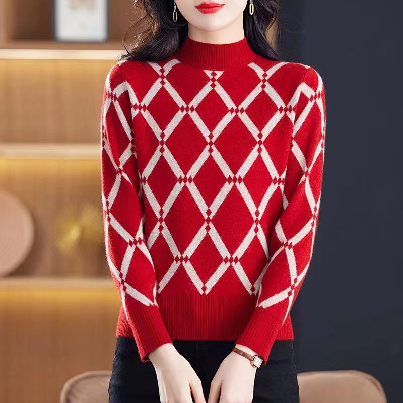 Half High Neck Sweater Women's Autumn and Winter Fashion Diamond Knit Sweater Top with Pullover Short Base Shirt