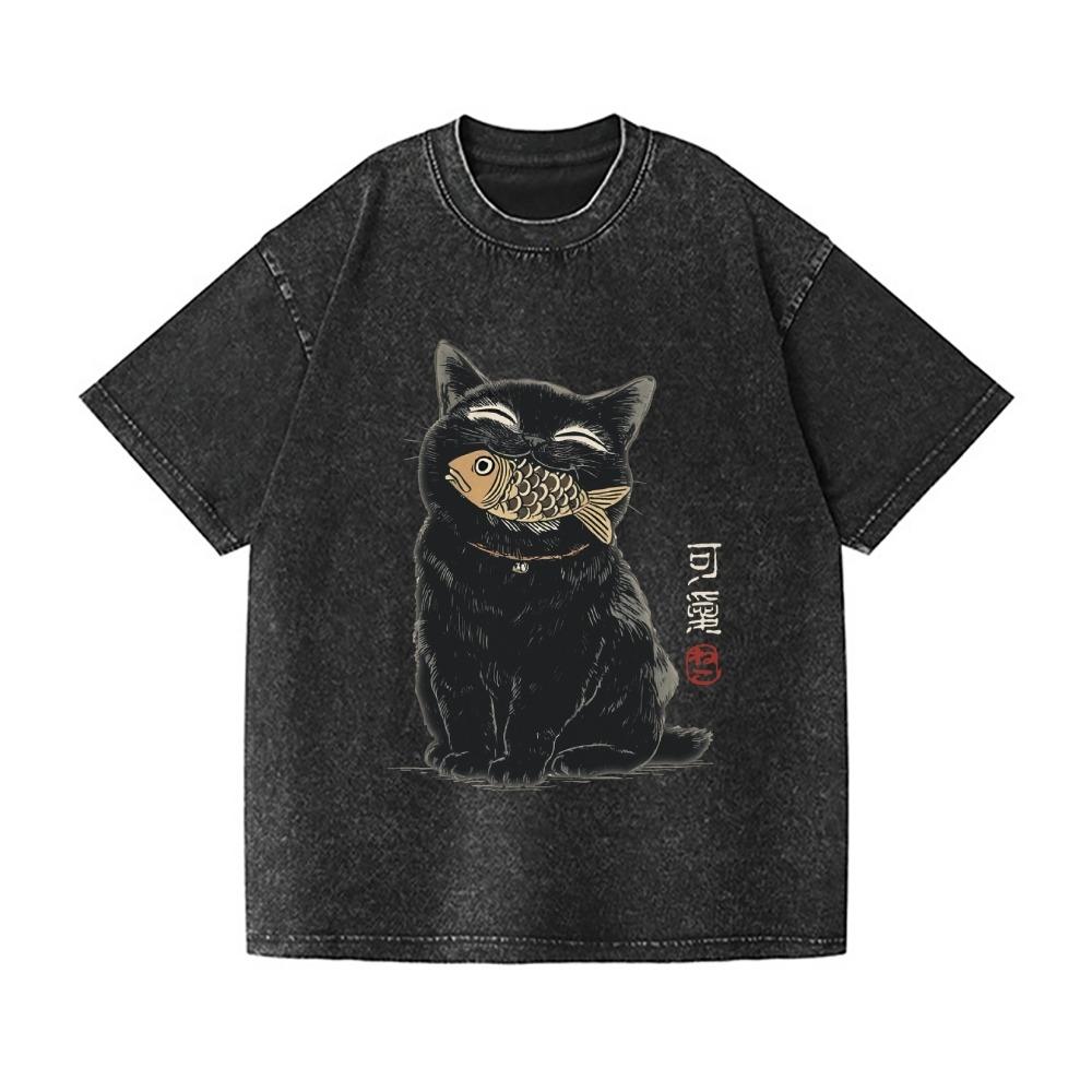 Cat Fish Vintage Wash Japanese Design T-Shirt Funny Men's Clothes Fashion Holiday Short Sleeve O-neck Cotton Tees Tops