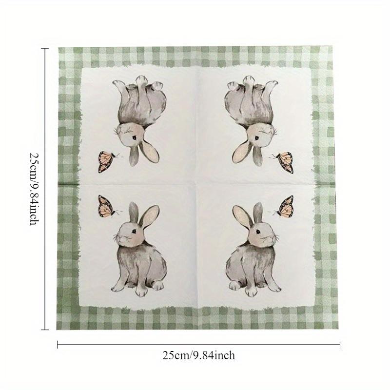 20pcs Easter Bunny Printed Party Napkins - Green Plaid with Butterfly & Rabbit Design, Handmade Bone Bart Paper Placemats