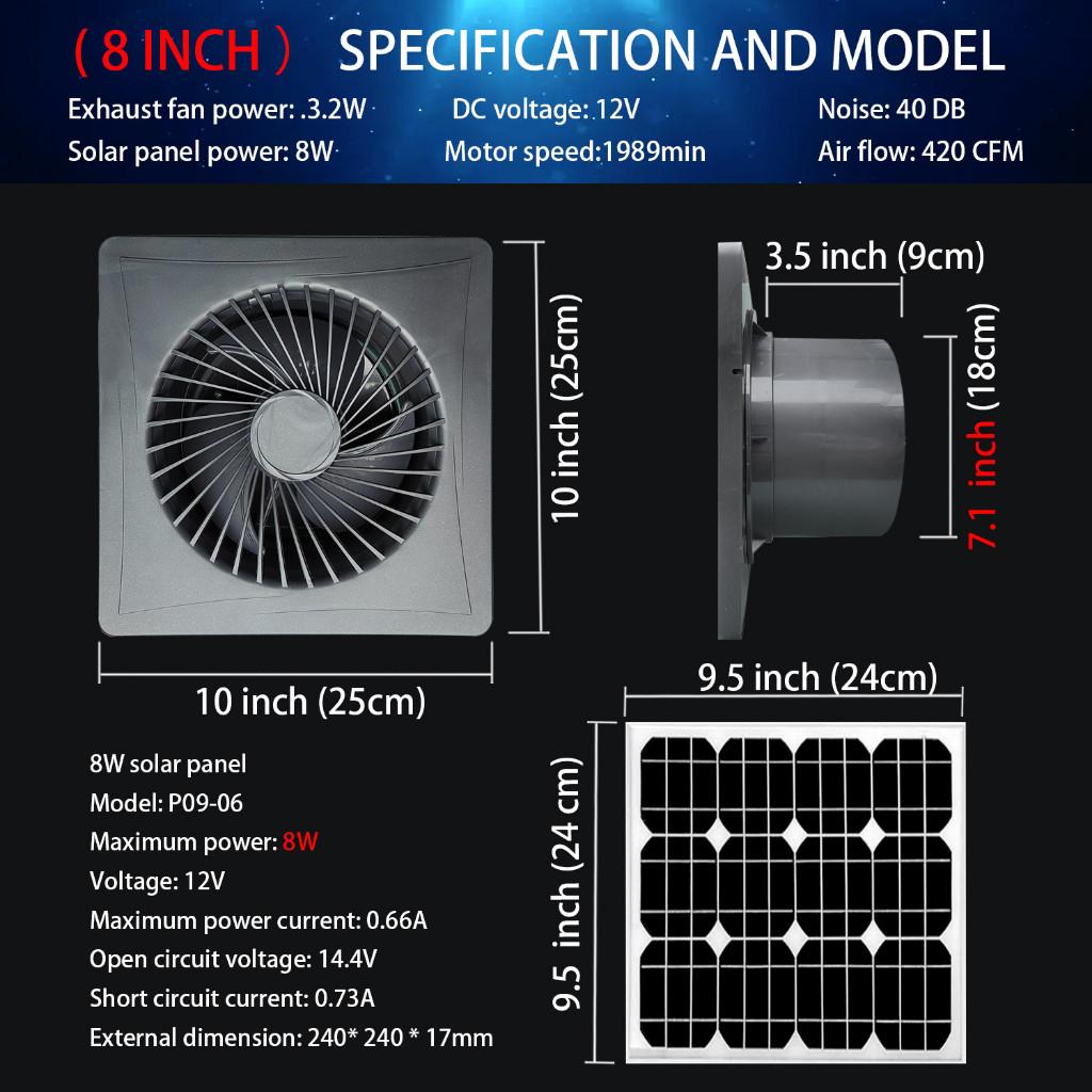 4/6/8 Inch Exhaust Fan Solar Panel Air Suction Fan High Speed Greenhouse or Pet House Air Circulation Ventilation Fan