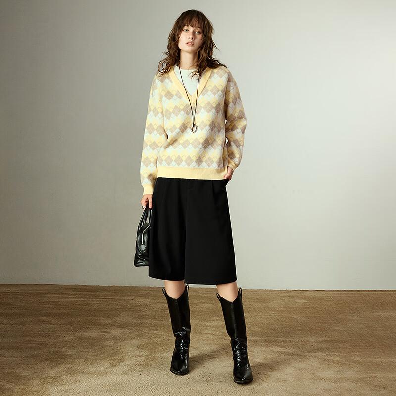 Chuyu Women's Diamond Jacquard Double Collar Knit Sweater