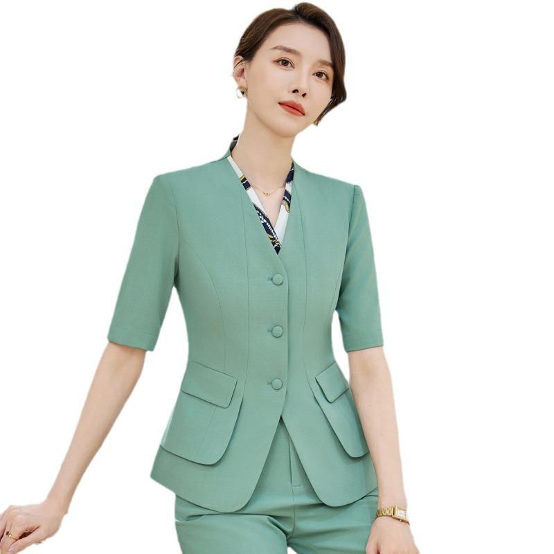 Women's Black Short Sleeve Professional Suit Set for Summer - Elegant Front Desk and Salon Workwear