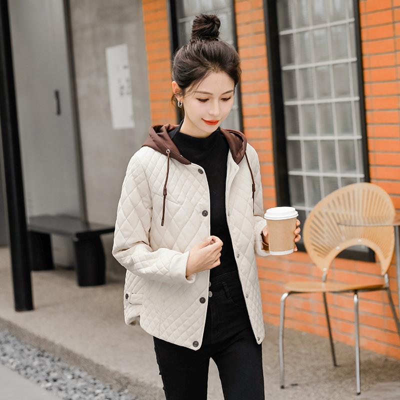 Lingge Cotton Jacket for Women, Short, Lightweight, Clip On Cotton Jacket, Small Hooded Cotton Jacket, Women s Coat XS бежевый