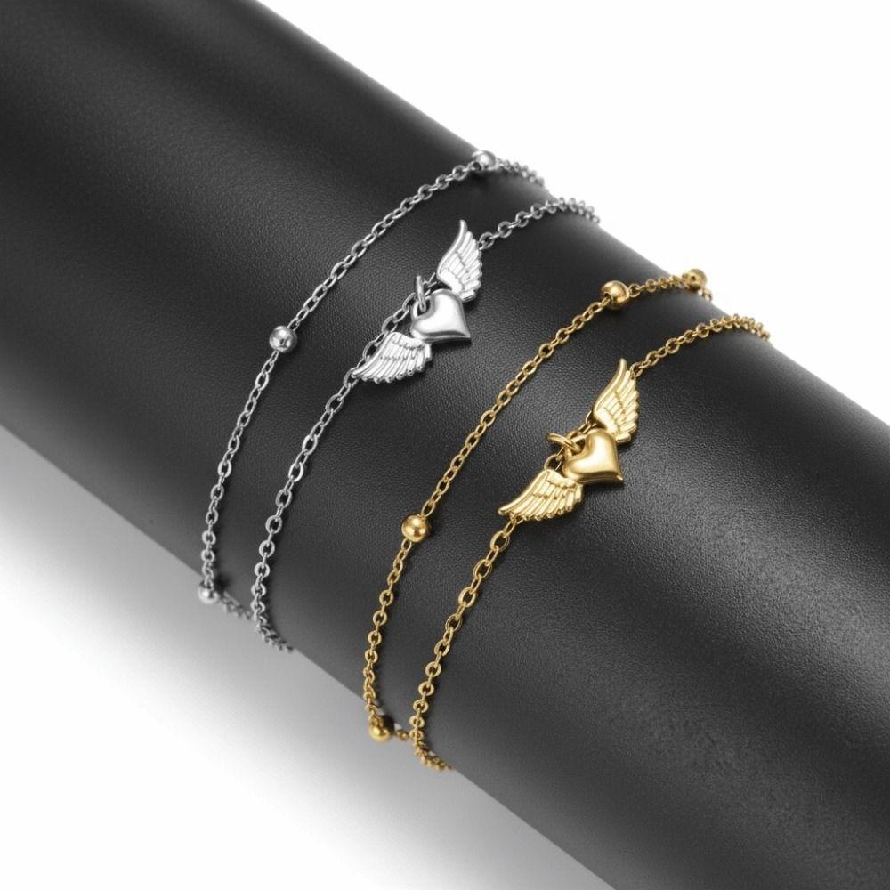 djustable Design Heart Wing Bracelet Beads Chain Waterproof Stainless Steel Bracelet Double Layer Chain Bracelet For Women