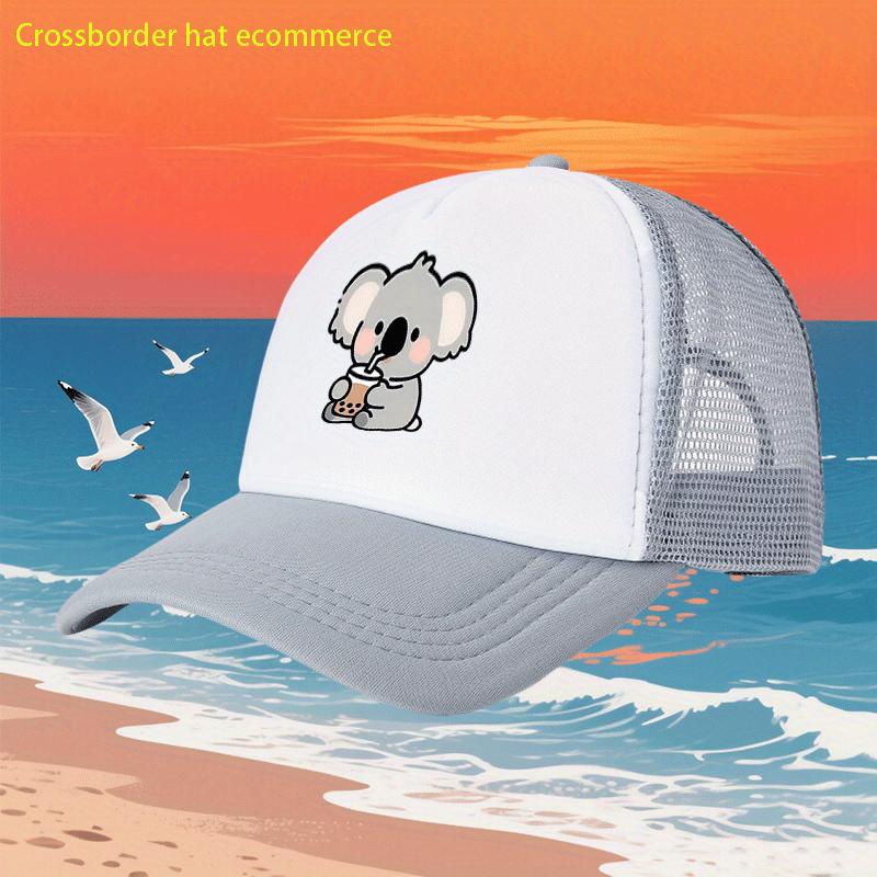Cute Koala Drinking Bubble Tea Mesh Trucker Hat Unisex Polyester Casual Baseball Cap Four Seasons Beach Headwear