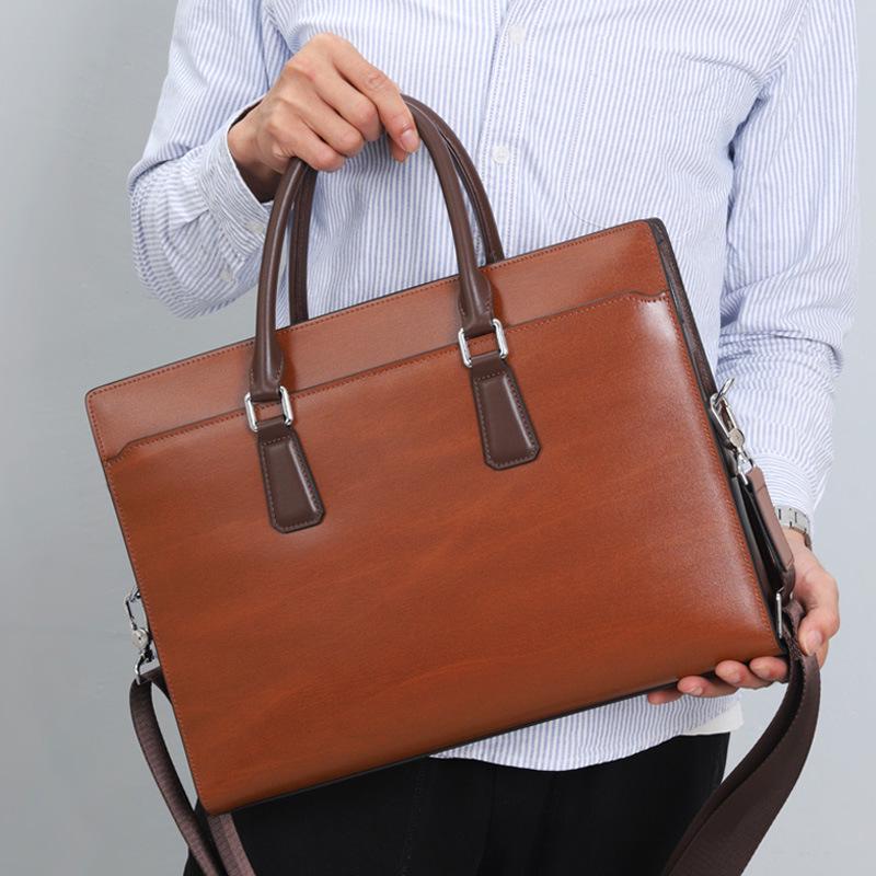 Men's Genuine Leather Anti-theft Briefcase with Combination Lock - Multifunctional Cowhide Business Bag
