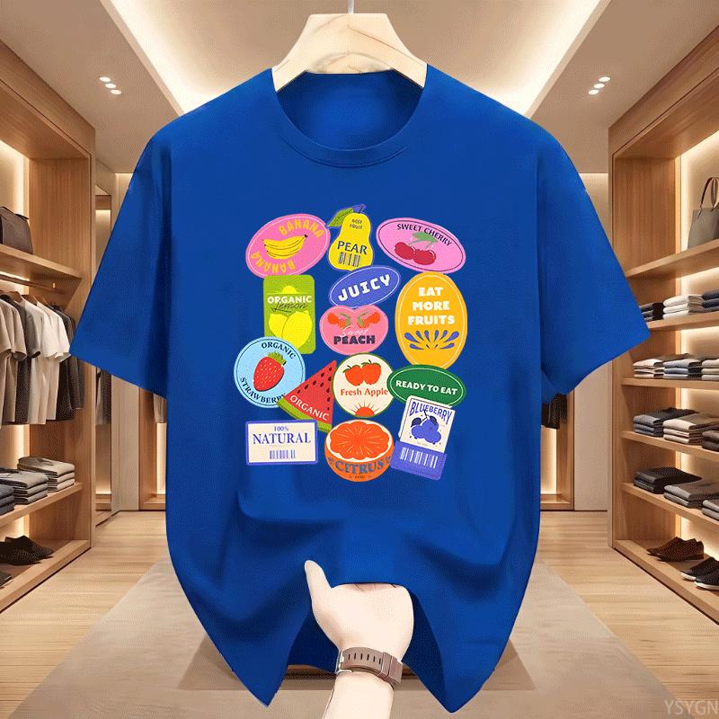 Summer Unisexs Fruit Stickers Graphic Print Tshirt Streetwear Oversized Loose Casual Short Sleeve Suitable For All Seasons Tops