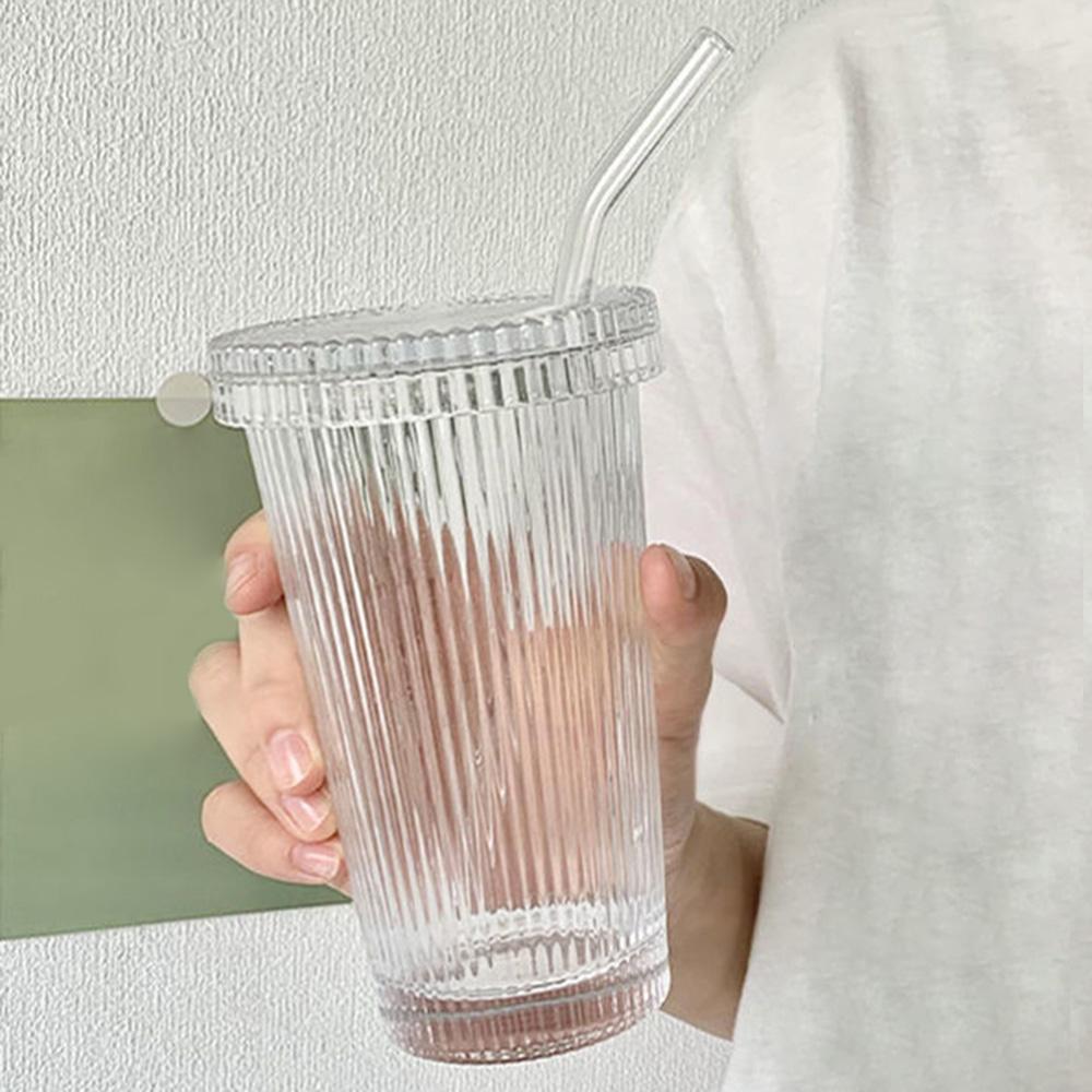 

375 мл полосатая стеклянная кружка с крышкой и соломинкой в японском стиле шикарные кружки для молока кофе посуда для напитков чай подарки на день рождения виски стаканы 301-400ml