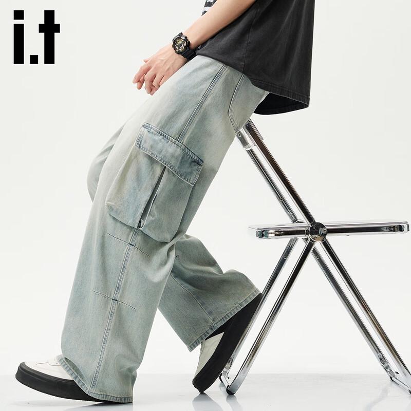 Izzue Men's American High Street Loose Straight-Leg Workwear Jeans