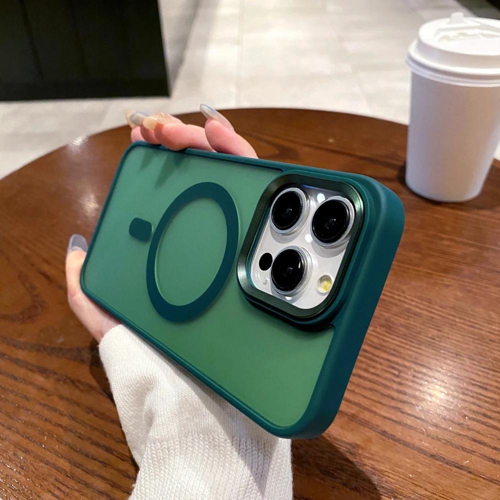 Matte Shockproof Magnetic Phone Case For iPhone 15 14 13 12 11 Pro Max Plus For Magsafe Wireless Charge Metal Camera Ring Cover