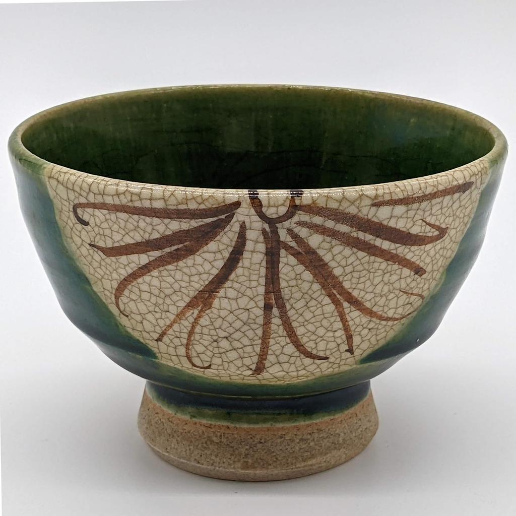 Utsuwa Roan Seto Ware Rokubei Rice Bowl with High Base, Approximately 12cm, Oribe Style, Chrysanthemum Pattern, Made In Japan, Green, 007-0006