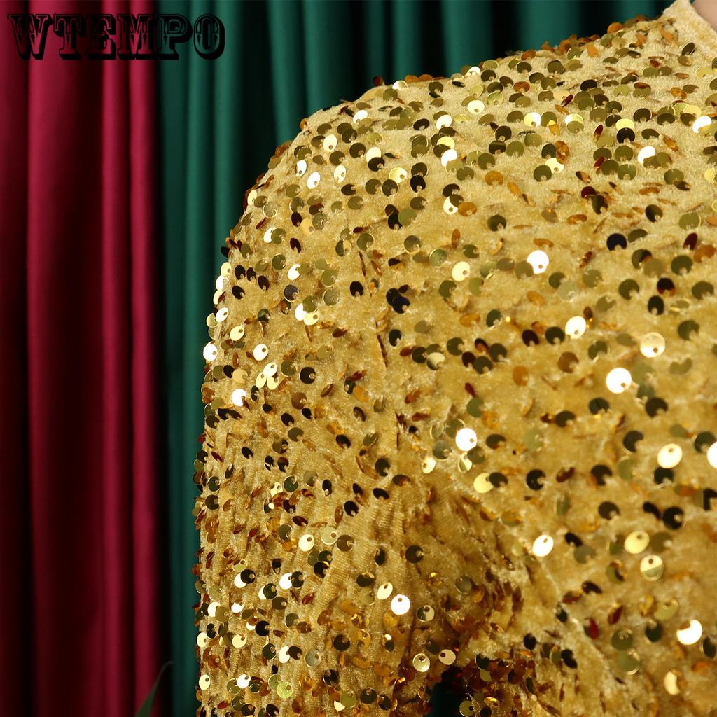 Sukienki damskie z okrągłym dekoltem, długim rękawem, jednolitym kolorem, cekinami, wysokim stanem, o średniej długości