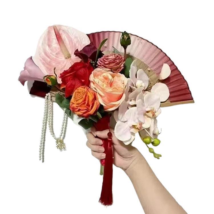 New Chinese Style Bride Folding Fan Bouquet for Engagement or Robe Accessory