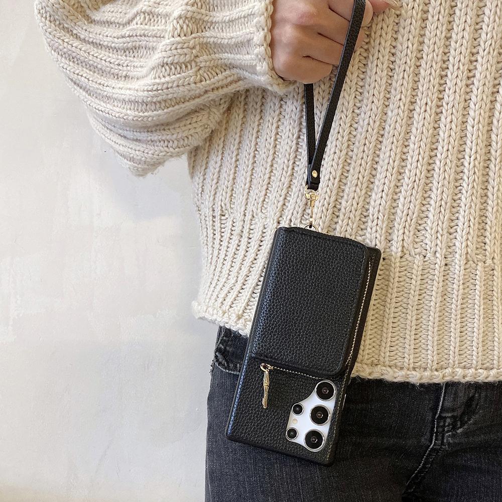 For Samsung Galaxy S24 Ultra Case Zipper Card Slots PU Leather Phone Back Cover with Wrist Strap