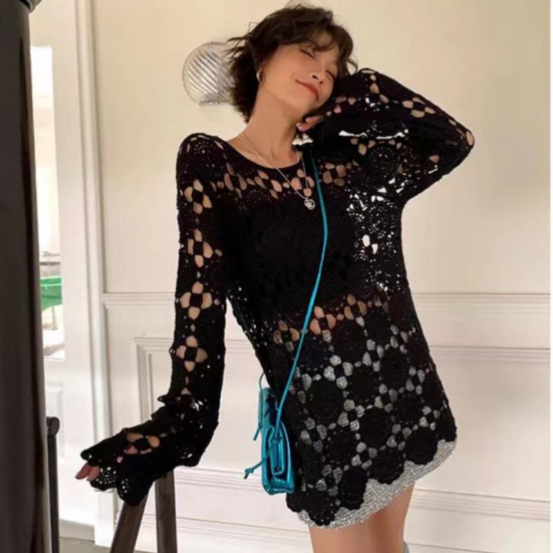 

Шикарный вязаный свитер с ажурным узором | Большой размер в французском стиле | Свободный длинный рукав | Женская верхняя одежда на начало осени One Size чёрный