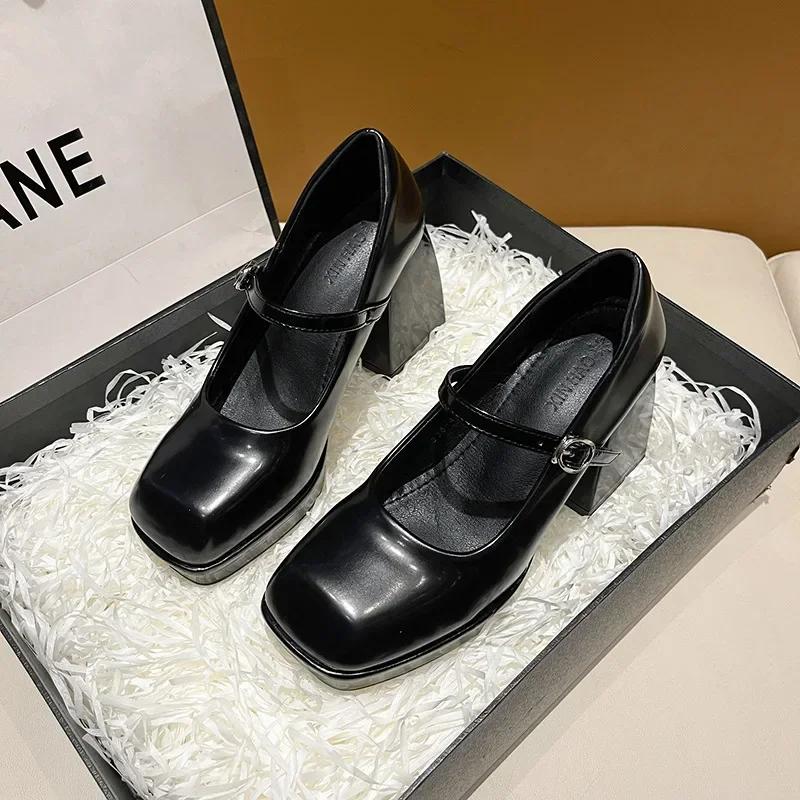 Fashion Retro Thick Heel Square Head Small Leather Shoe Women's New Mary Jane French High Fashion Shoes