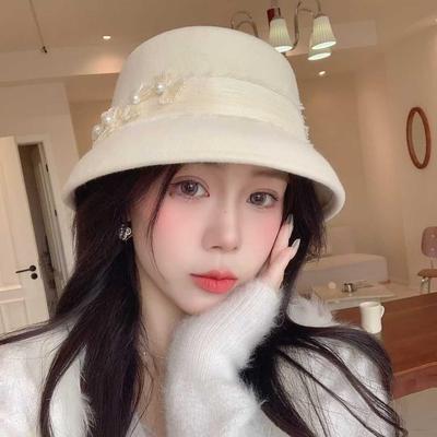 French Romantic Floral Wool Fedora: Women's Autumn/Winter Elegant Small Face Lampshade Socialite Bucket Hat.