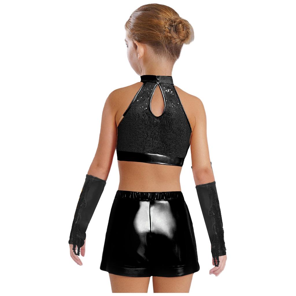 Mädchen Ärmelloses Glitzerndes Pailletten Tanz Crop Top Schlüsselloch Rücken Design Passende Shorts Quasten Metallic Handschuhe Set