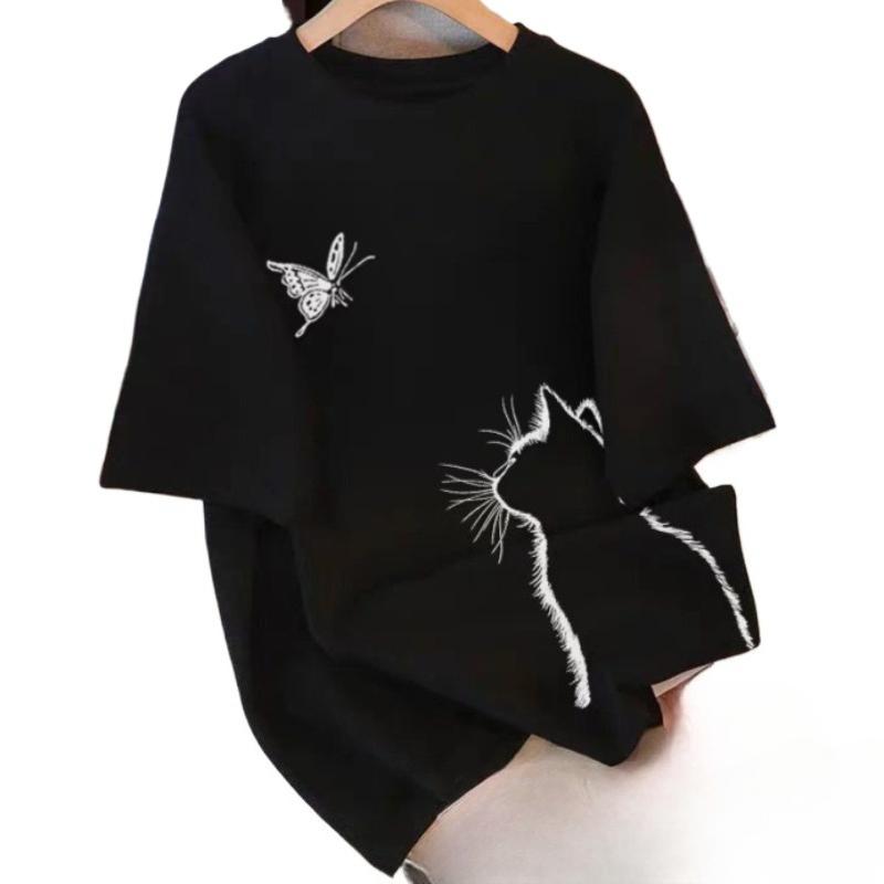 Black Summer Women's Short Sleeved T-shirt Unique Printed Short Sleeved Tops Loose Casual Round Neck Ladies Pullover