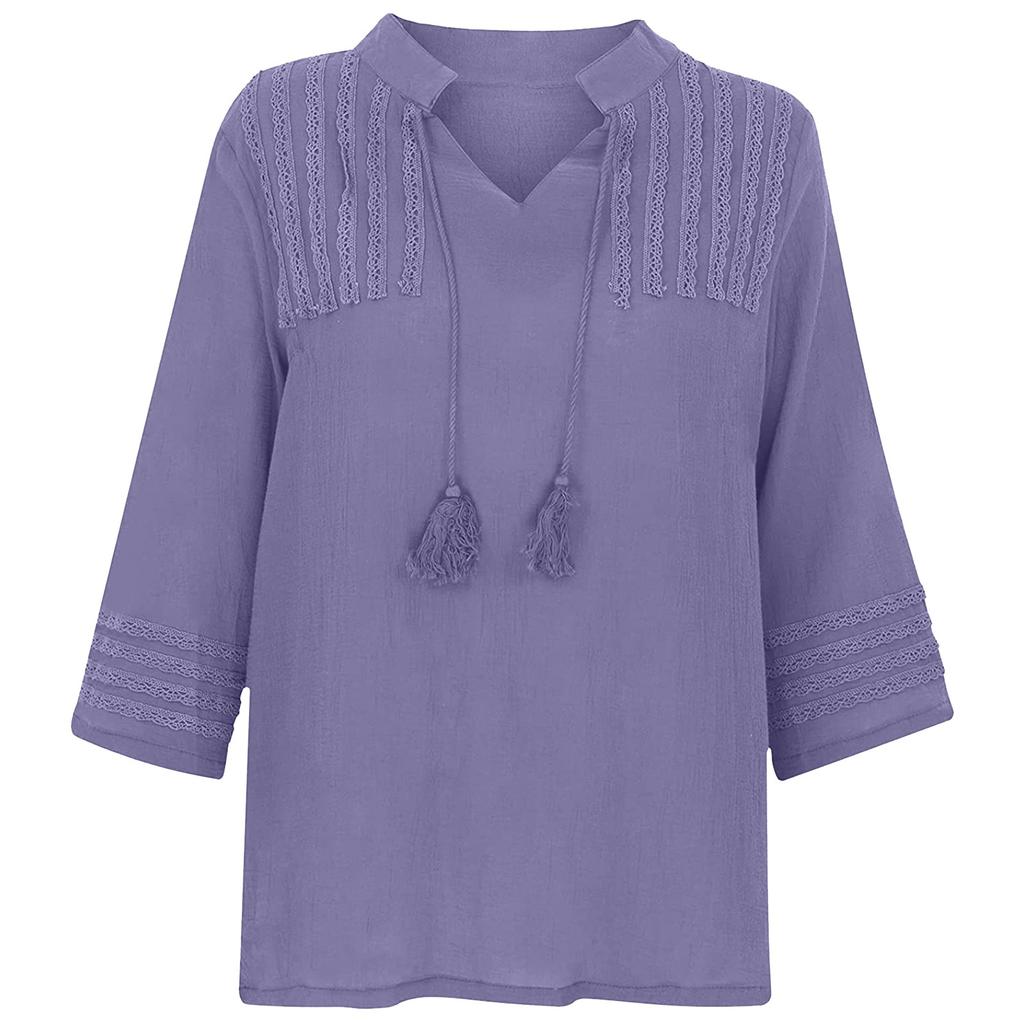 Women Flared Sleeve Tops Solid V-Neck Lace Splicing Fold Three Quarter Sleeve