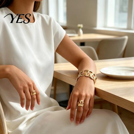 Daily Wear Jewelry Set 2Pcs Hollow Twisted Statement Set, Open Adjustable Cuff Bangle Women Bracelet Ring Sets & Wide Ring, Golden Plated Metal