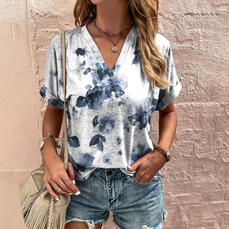 Summer V-neck 3D Vintage Floral Pattern Printed Top Fashionable Casual Short Sleeved Women's T-shirts