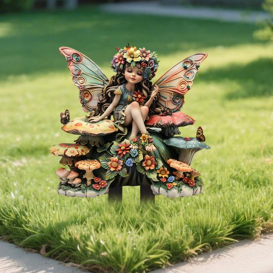 Yousheng Fairy Garden Stake with Wings, Acrylic Elf on Mushroom Outdoor Decoration, Waterproof Plant Ornament for Potted Flowers Yard