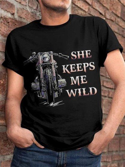 Couple Motorcycle She Keeps Me Wild Graphic Unisexs Short Sleeve Tshirt