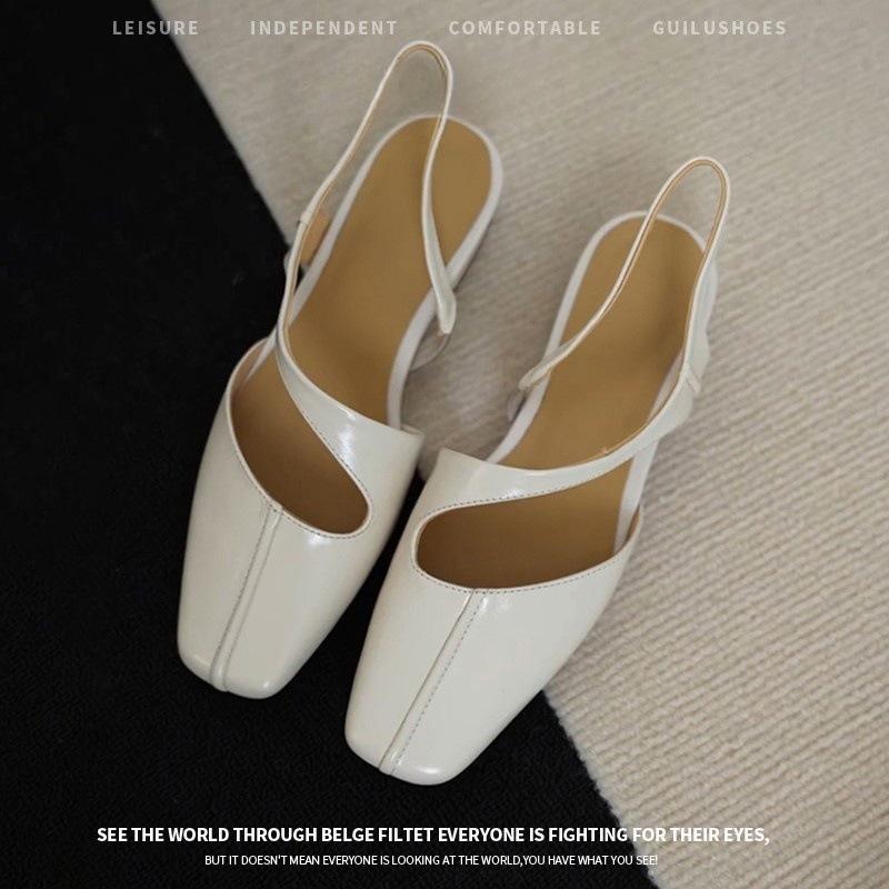 

Lan Cabinet Edition~ French White Square Head One-word Baotou Sandals Women s Summer Empty Trip Belt Women s Shoes Flat-soled Single Shoes 35