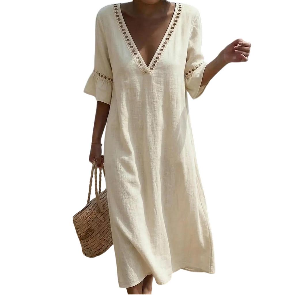 Abito Midi da Donna in Cotone e Lino Manica a 3/4 Scollo a V in Pizzo Linea ad A Vestibilità Rilassata Casual per Vacanza al Mare con Tasche