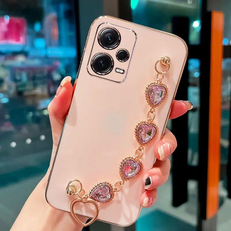 Fashion Diamond Bracelet Chain Silicone Case for Xiaomi 13T Pro Redmi Note 12 Pro 11 9s 10s 8 10 9 Pro Plating Protection Cover