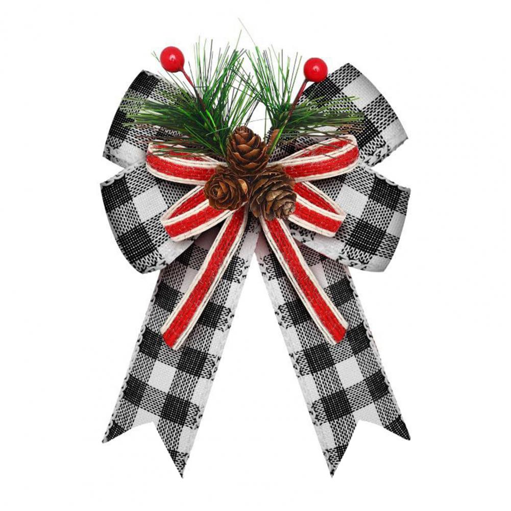 

Christmas Burlap Plaid Bow with Pine Cones Pine Needles Large Buffalo Plaid Bow Xmas Wreath Checkered Bow for Holiday Decor