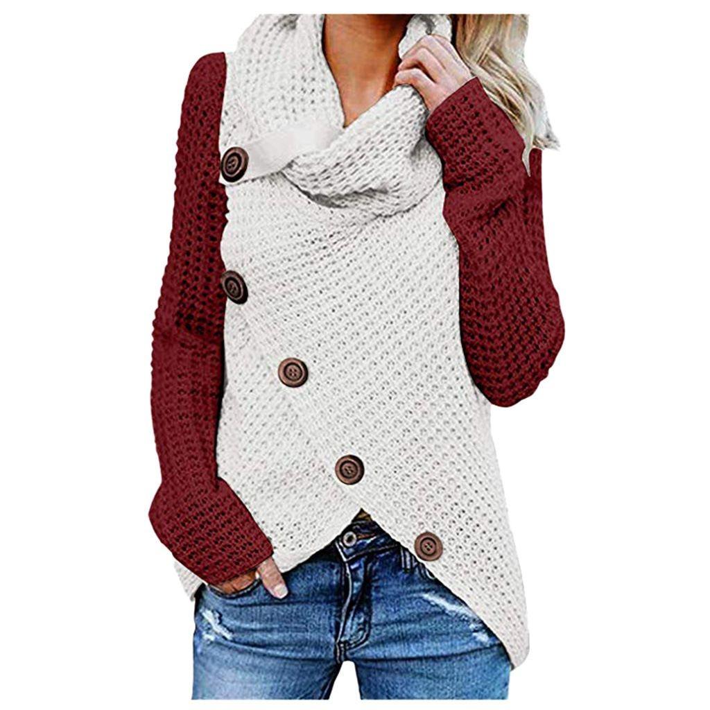 

Women Cowl Winter Neck Knitted Sweater Jumper Ladies Button Pullover Blouse Tops White+Wine Red,2XL