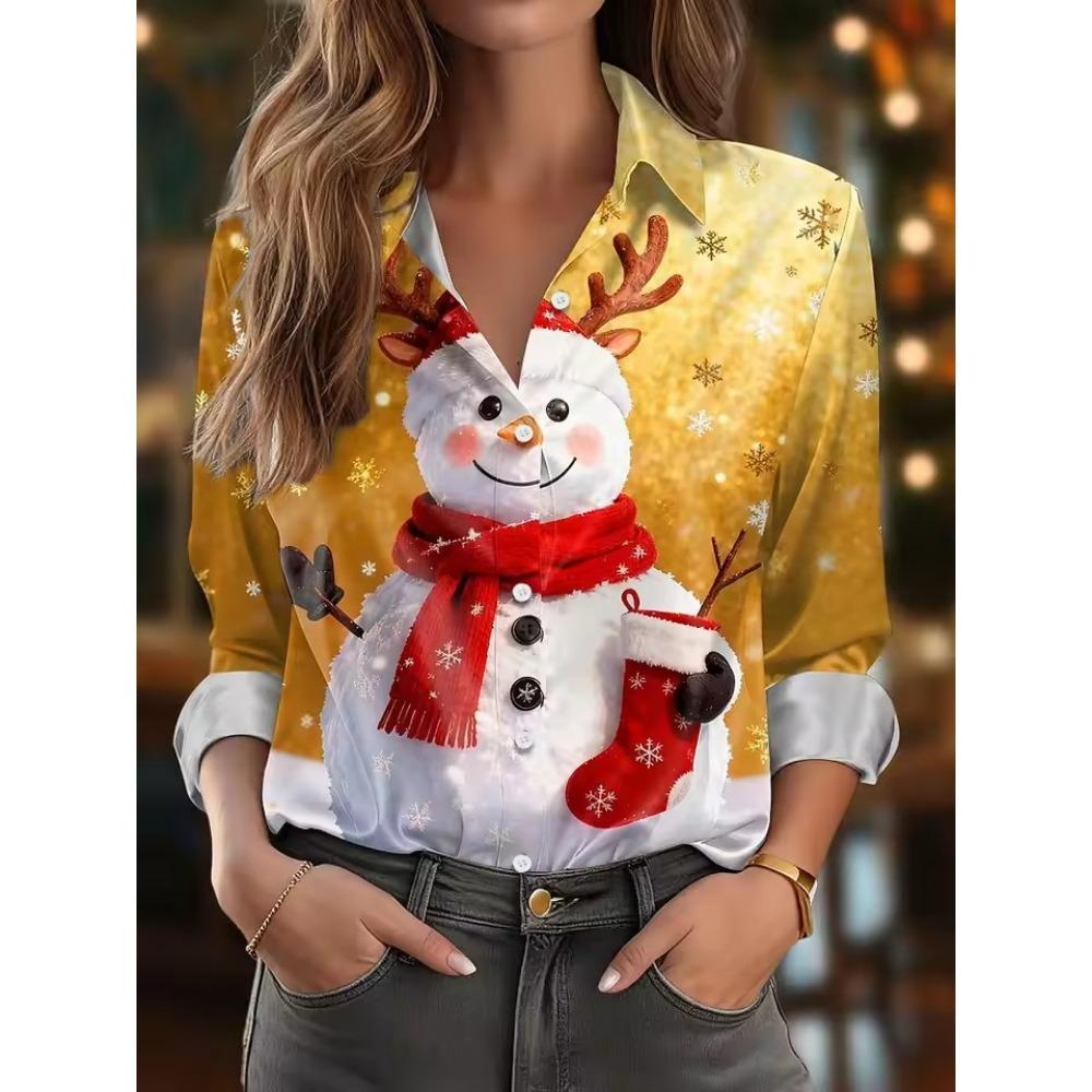 Women's Santa Claus Print Blouse, Elegant Long Sleeve Shirt Collar, Vintage Holiday Style, Fall Winter Work Daily Wear