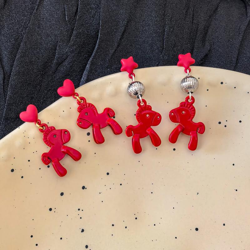 Simple Elegant Red Horse Earrings Korean Cute Sweet New Year's Red Earrings Ear Studs Jewelry Accessories New Year Gifts