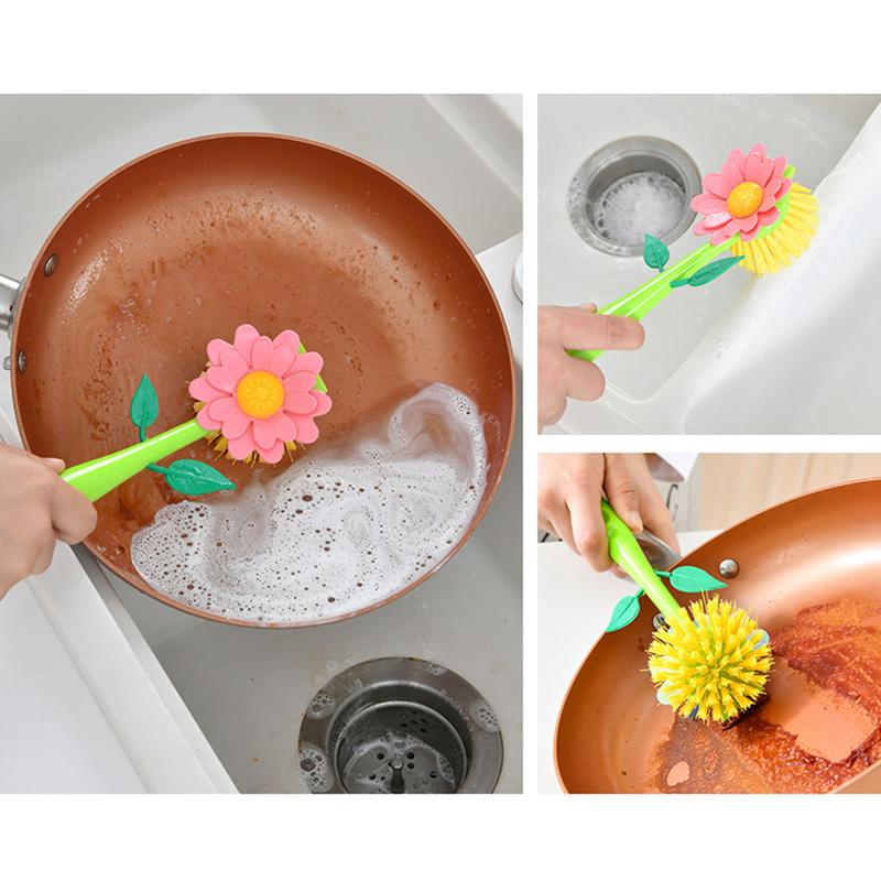 Cepillo de limpieza con mango extraíble en forma de flor, con cepillo Base, limpia la olla, suministros para cocina y baño, 1 ud.