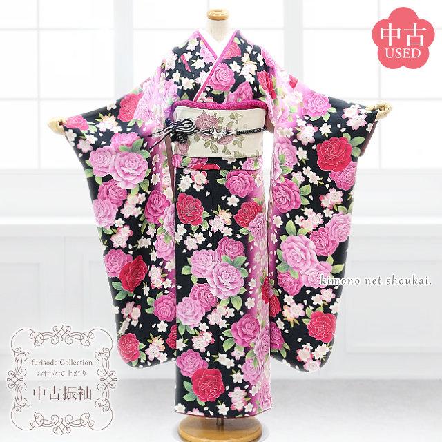 

[Free shipping] [Used] Long-sleeved kimono, pure silk, rank A, black, pink, red, rose, cherry blossom, ready-made, single item, coming-of-age